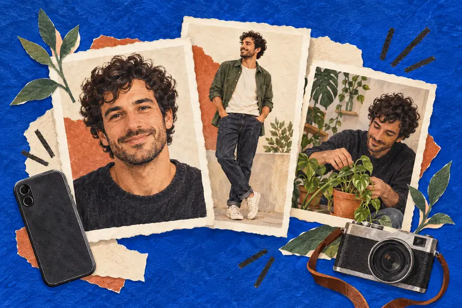 Ilustración de tres retratos de un adulto: primer plano, cuerpo entero y cuidando plantas